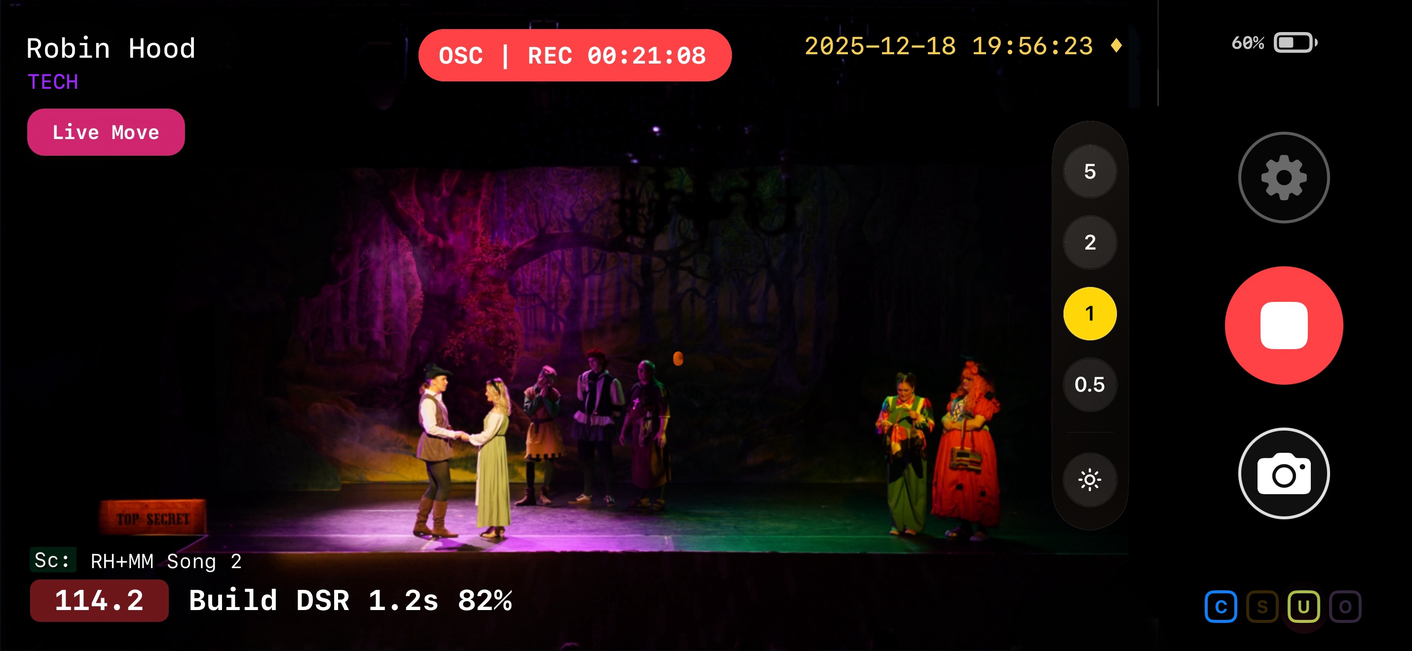 CueCam recording interface showing live cue overlay on a theatre stage with lighting cue number, scene label, and recording status